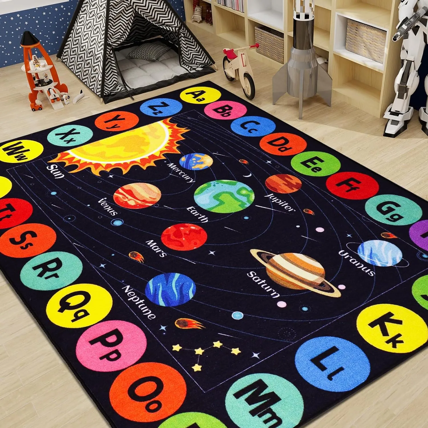 Kids Rug Outer Space Carpet for Playroom, ABC Educational Learning Area Rug, Non-Slip Solar System Road Play Play Rug for Kids Bedrooms, Classroom, Nursery Room Decor (Black, 78.7X59 INCH)