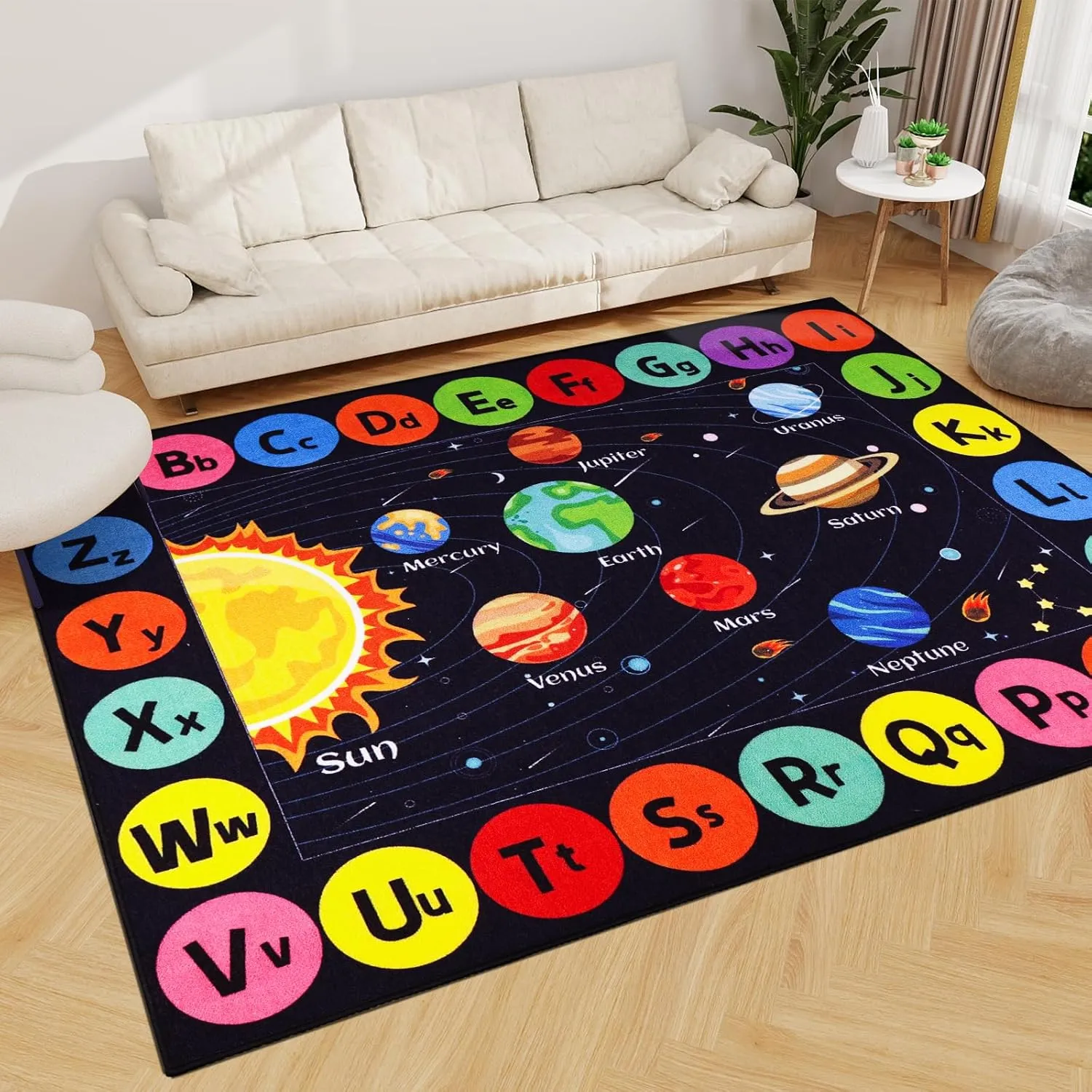 Kids Rug Outer Space Carpet for Playroom, ABC Educational Learning Area Rug, Non-Slip Solar System Road Play Play Rug for Kids Bedrooms, Classroom, Nursery Room Decor (Black, 78.7X59 INCH)