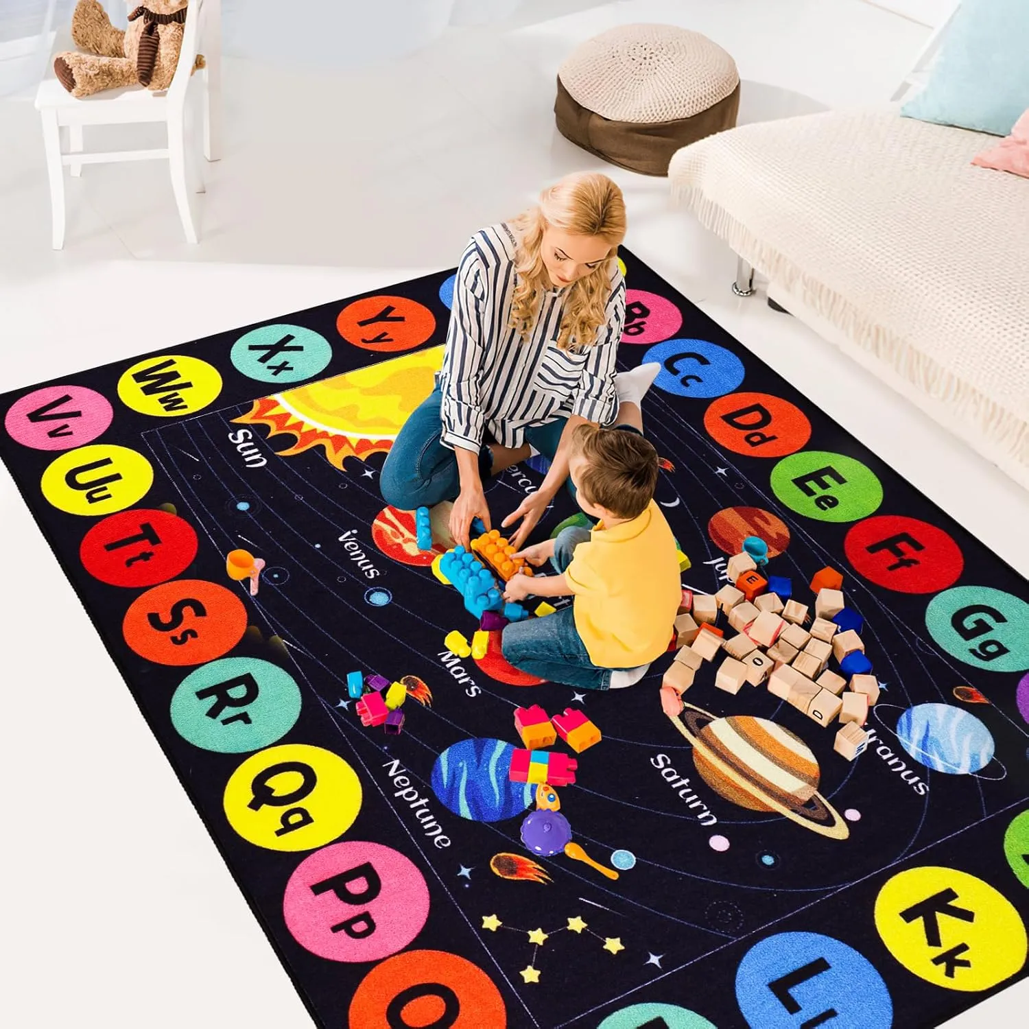Kids Rug Outer Space Carpet for Playroom, ABC Educational Learning Area Rug, Non-Slip Solar System Road Play Play Rug for Kids Bedrooms, Classroom, Nursery Room Decor (Black, 78.7X59 INCH)