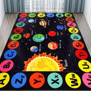 Kids Rug Outer Space Carpet for Playroom, ABC Educational Learning Area Rug, Non-Slip Solar System Road Play Play Rug for Kids Bedrooms, Classroom, Nursery Room Decor (Black, 78.7X59 INCH)