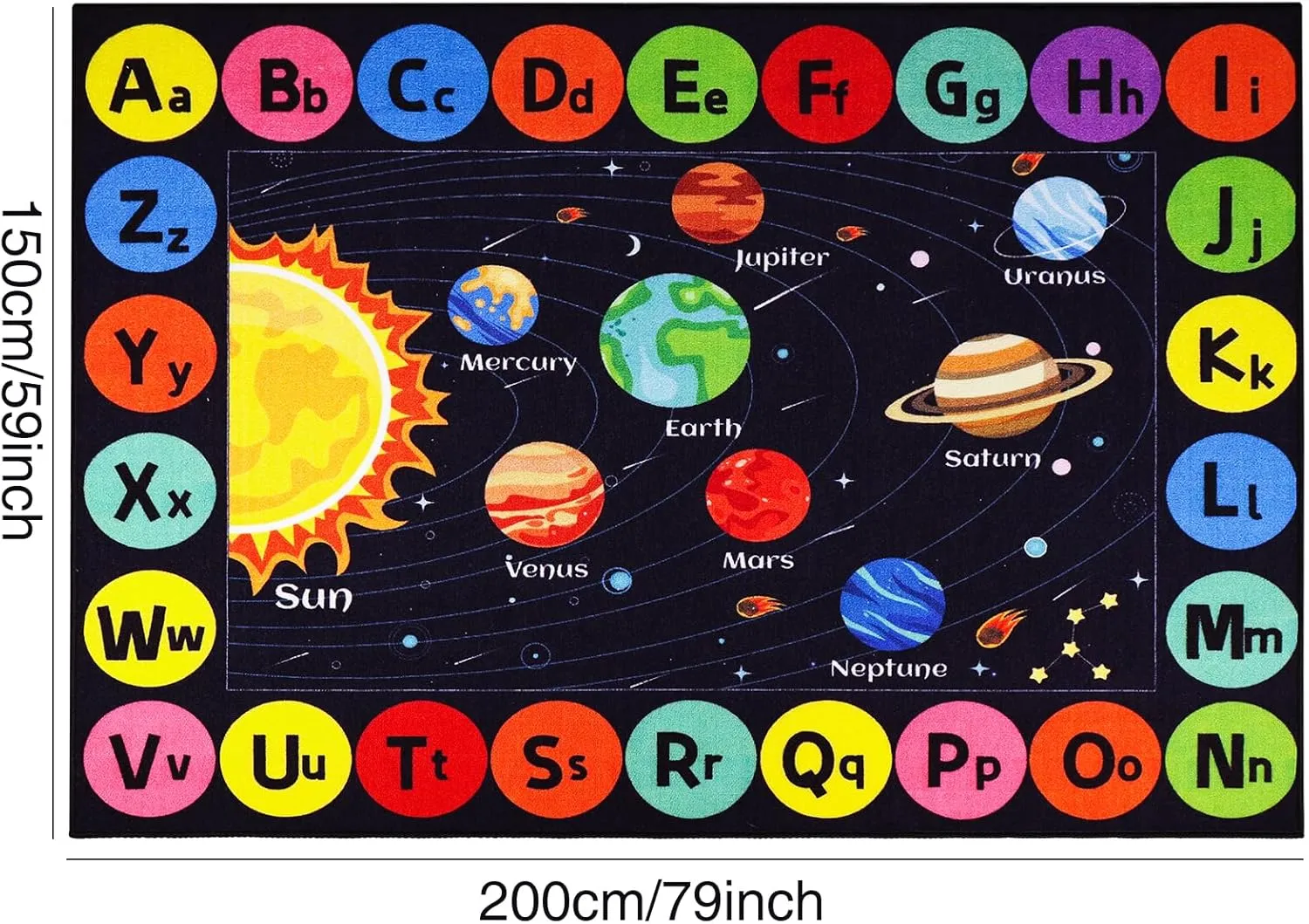 Kids Rug Outer Space Carpet for Playroom, ABC Educational Learning Area Rug, Non-Slip Solar System Road Play Play Rug for Kids Bedrooms, Classroom, Nursery Room Decor (Black, 78.7X59 INCH)