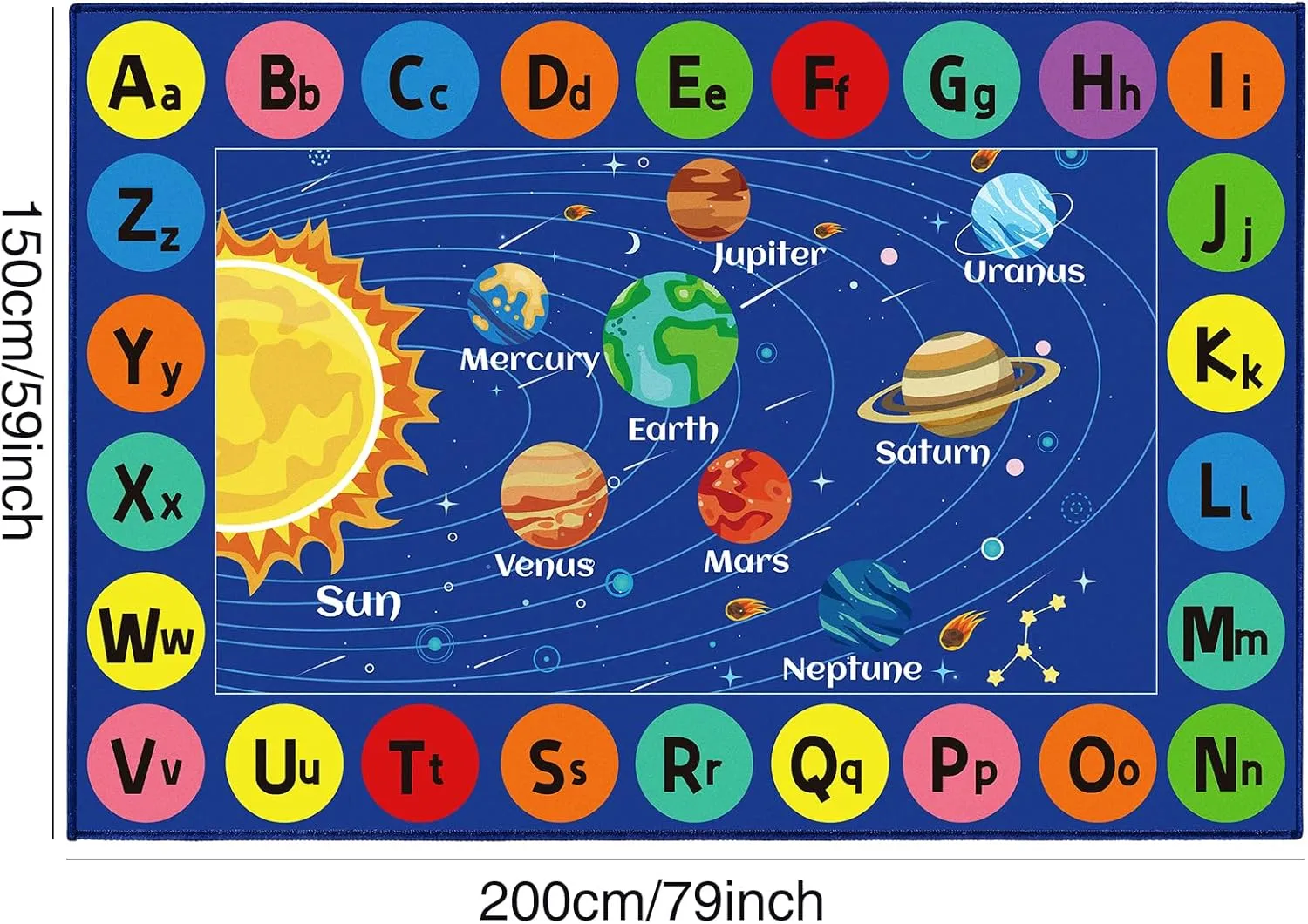 Kids Rug Outer Space Carpet for Playroom, ABC Educational Learning Area Rug, Non-Slip Solar System Road Play Play Rug for Kids Bedrooms, Classroom, Nursery Room Decor (Blue, 78.7X59 INCH)