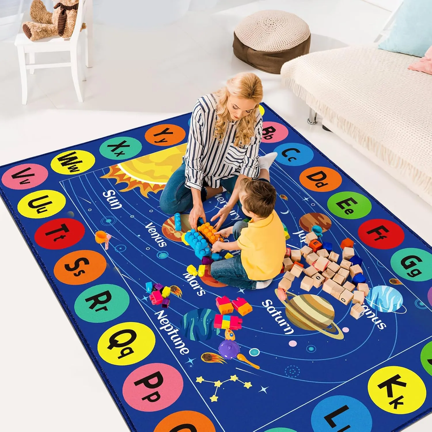 Kids Rug Outer Space Carpet for Playroom, ABC Educational Learning Area Rug, Non-Slip Solar System Road Play Play Rug for Kids Bedrooms, Classroom, Nursery Room Decor (Blue, 78.7X59 INCH)
