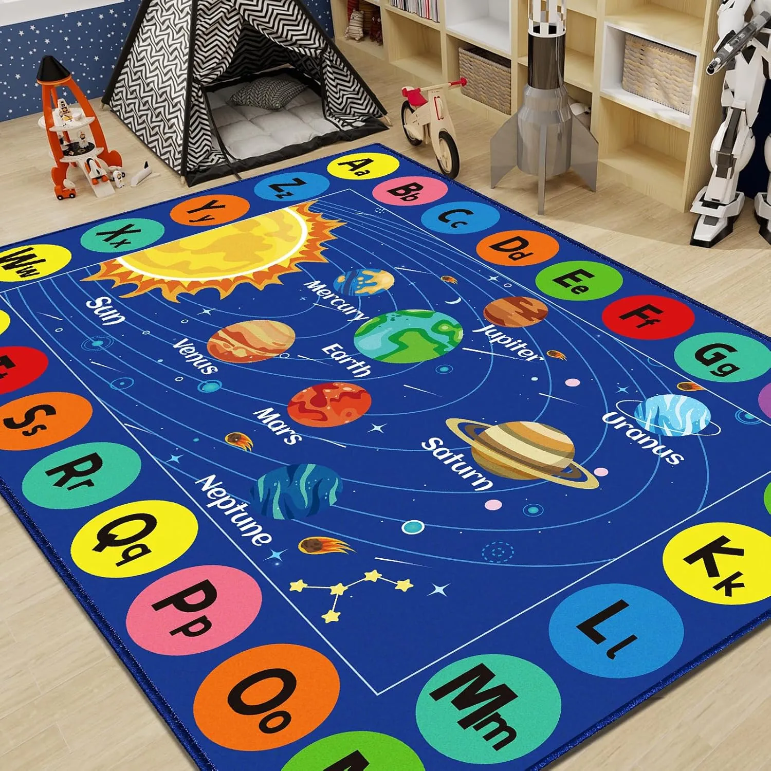 Kids Rug Outer Space Carpet for Playroom, ABC Educational Learning Area Rug, Non-Slip Solar System Road Play Play Rug for Kids Bedrooms, Classroom, Nursery Room Decor (Blue, 78.7X59 INCH)