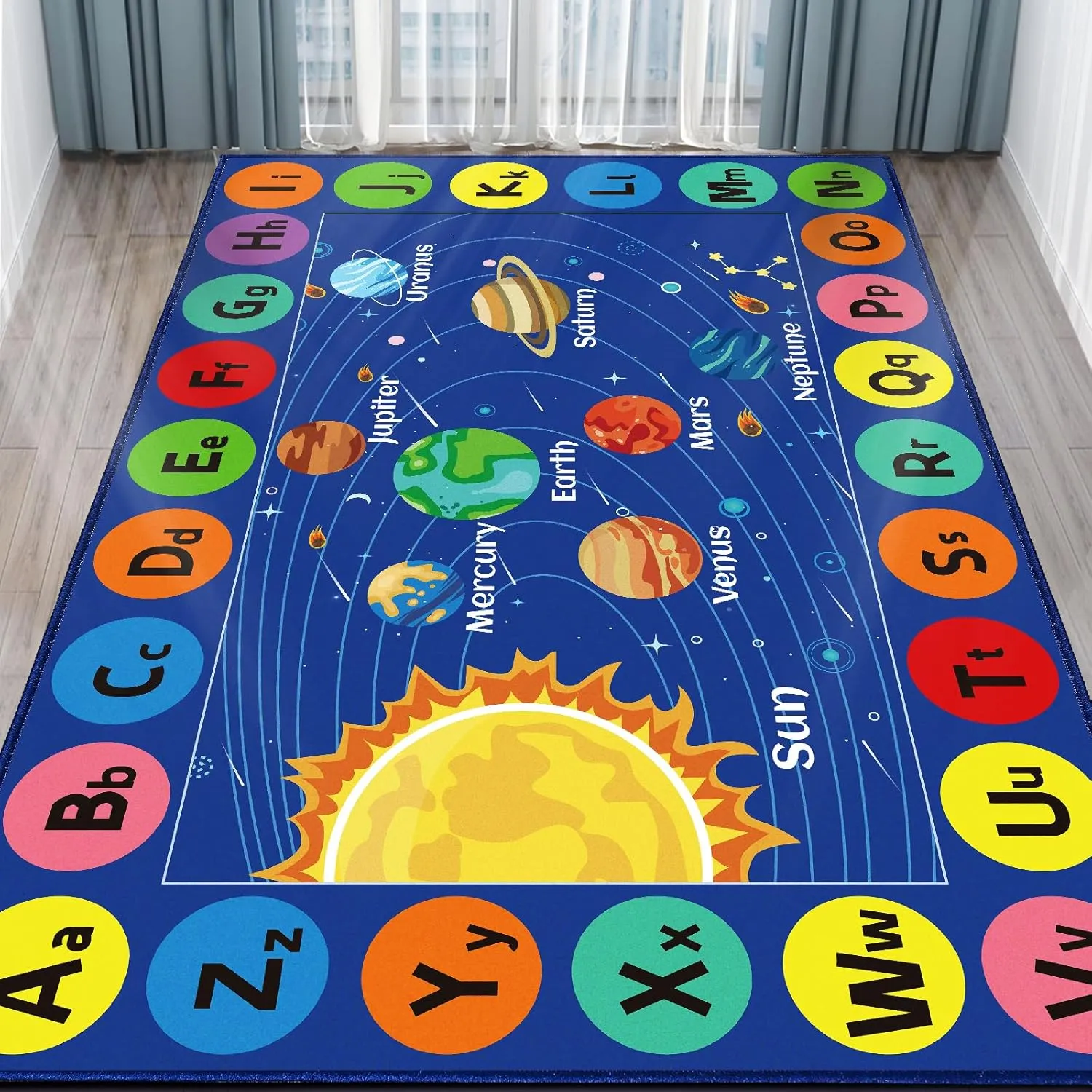 Kids Rug Outer Space Carpet for Playroom, ABC Educational Learning Area Rug, Non-Slip Solar System Road Play Play Rug for Kids Bedrooms, Classroom, Nursery Room Decor (Blue, 78.7X59 INCH)