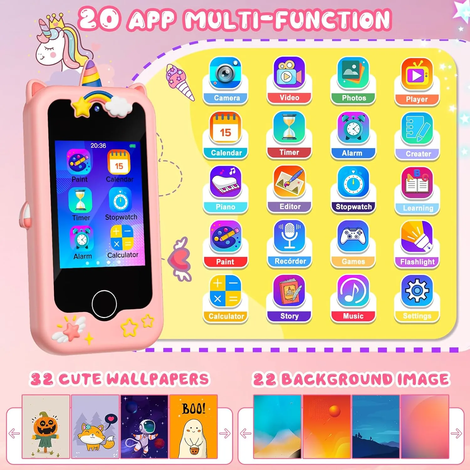 Kids Smart Phone for Girls, Christmas & Birthday Gift for Kids Age 3-12, Toddler Learning Educational Toy with Pretend Play & Educational Games, 8 GB Card