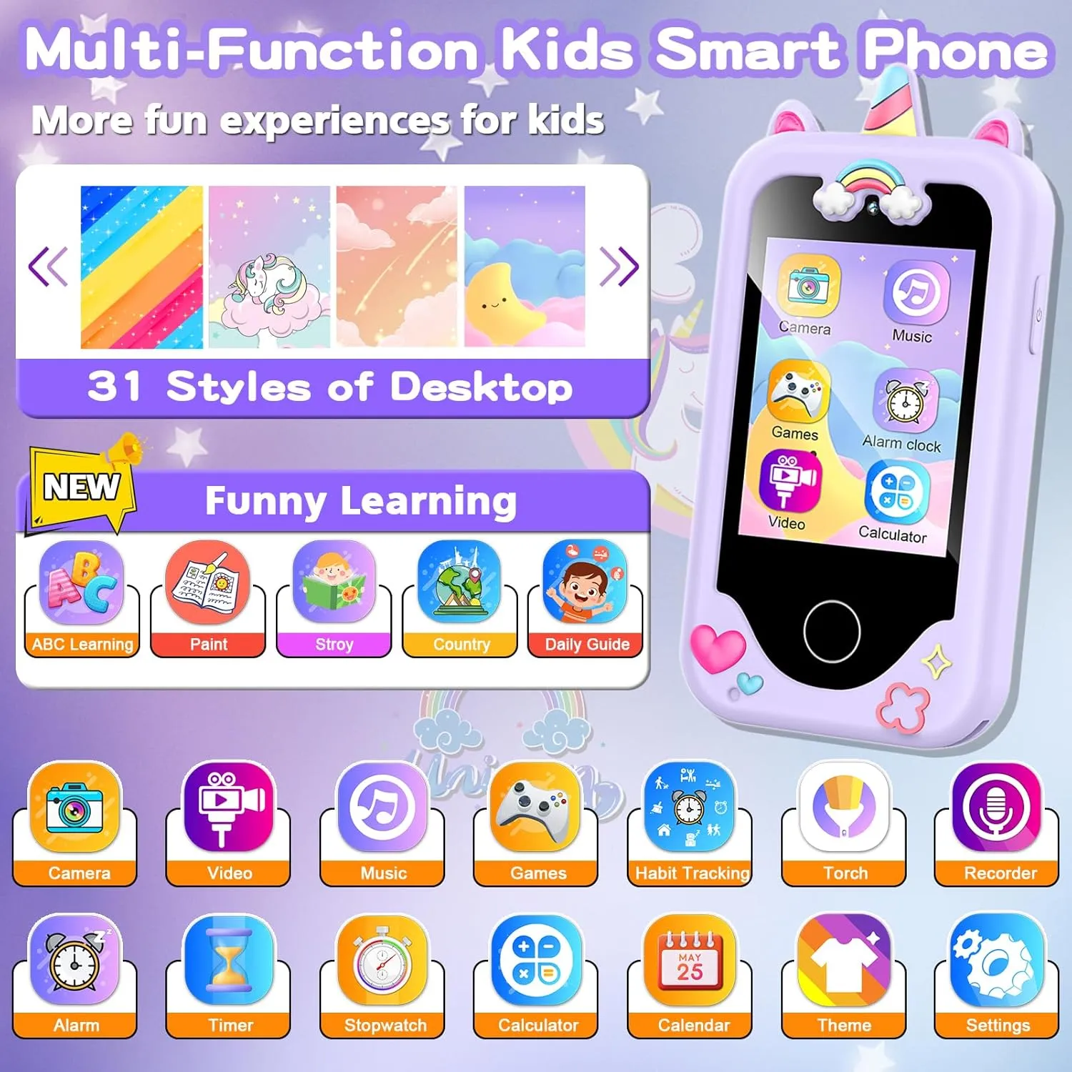 Kids Smart Phone for Girls, Christmas Birthday Gifts for Girls Age 3-10 Kids Toys Cell Phone, 2.8" Touchscreen Toddler Learning Play Toy Phone with Dual Camera, Game, Music Player, 8GB Card Purple
