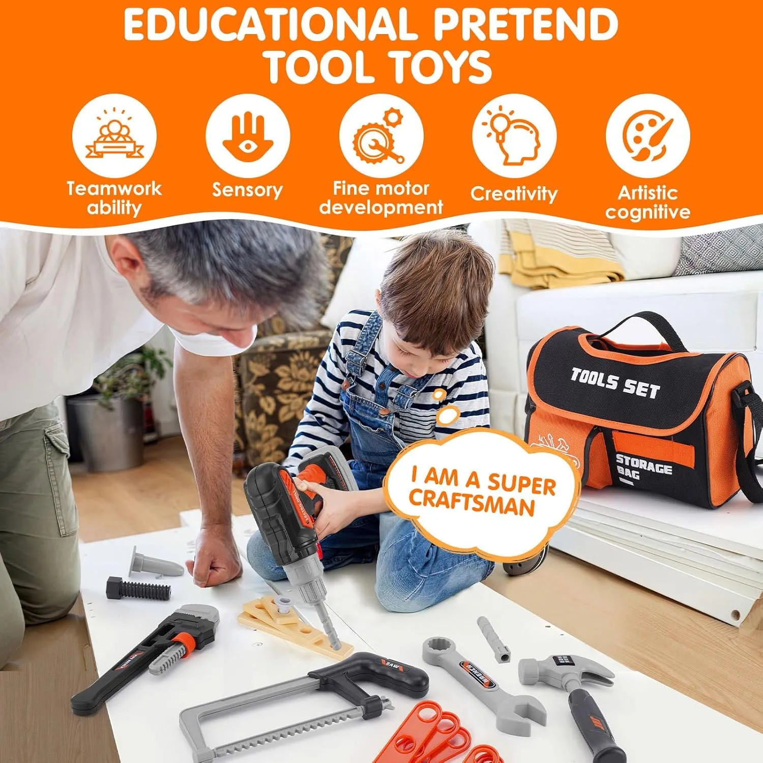 Kids Tool Set- 48PCS Toddler Tool Set Toys with Electronic Toy Drill, Tool Bag&Tool Belt&Tape Measure, Pretend Play Kids Construction Tool Kits Toy for Boys, Kids Birthday Gift for Boys Girls Ages 3 