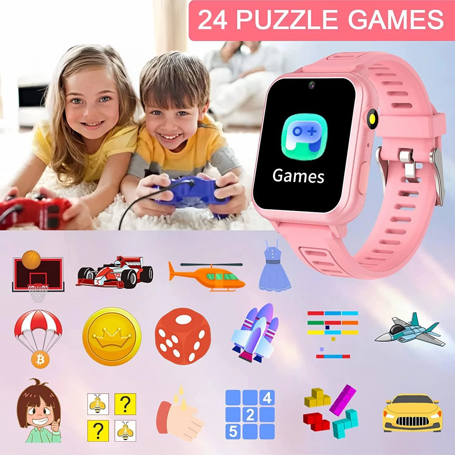 Kids Smart Watch Gift for Girls Age 3-12 Kids Watches 24 Games Touch Screen Music Player Camera Alarm Clock Calculator Flashlight 12/24 hr Educational Toys Birthday Gifts for Girls Ages 6 7 8 9 10
