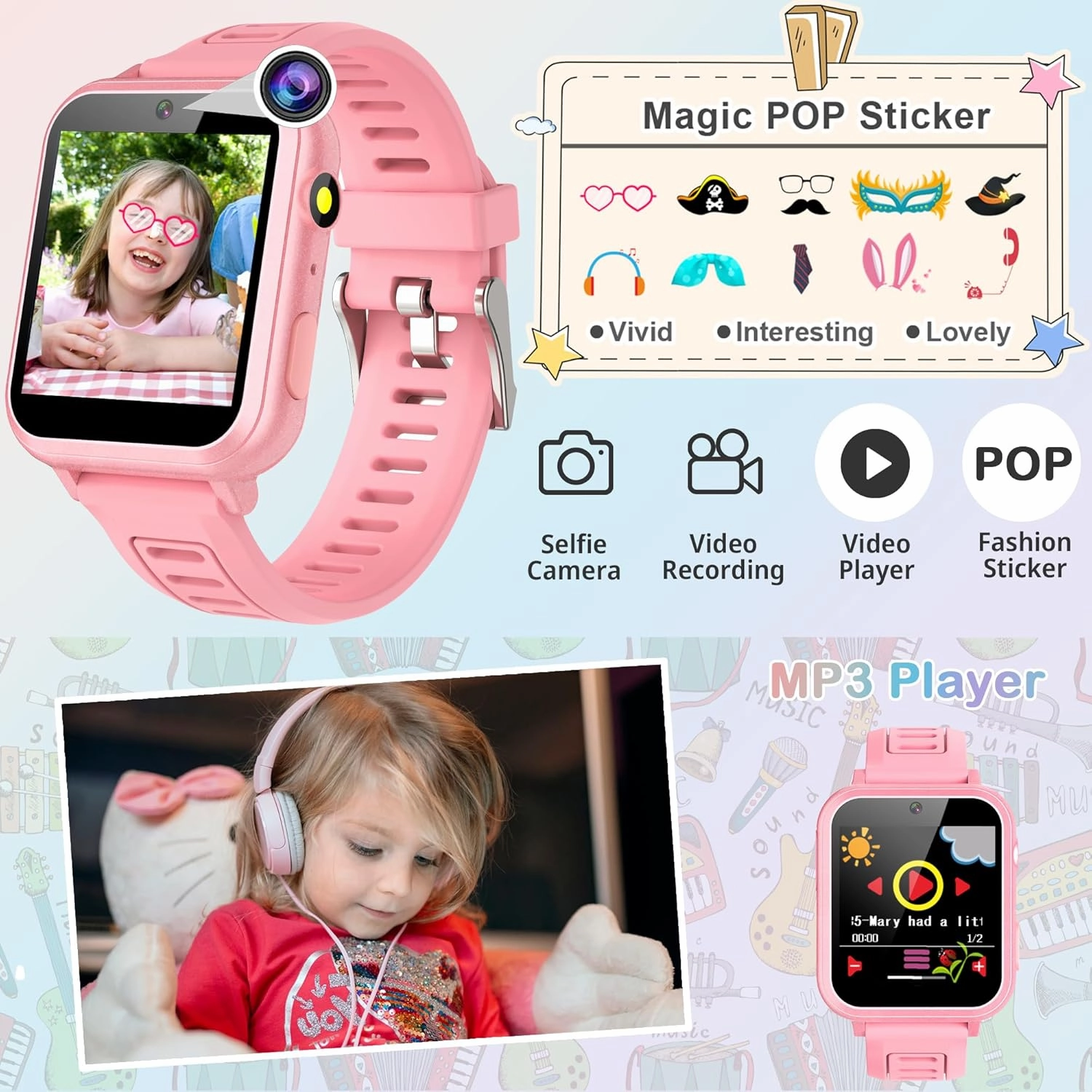 Kids Smart Watch Gift for Girls Age 3-12 Kids Watches 24 Games Touch Screen Music Player Camera Alarm Clock Calculator Flashlight 12/24 hr Educational Toys Birthday Gifts for Girls Ages 6 7 8 9 10