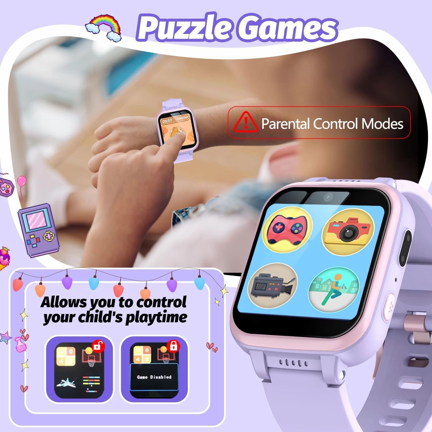 Kids Smart Watch with Puzzle Games HD Touch Screen Camera Video Music Player Pedometer Alarm Clock Flashlight Fashion Kids Smartwatch Gift for 6-13 Year Old Boys Girls Toys