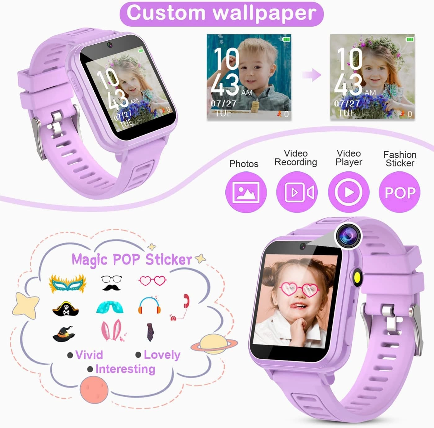 Kids Smart Watches Girls with HD Touch Screen Camera Music Player 24 Puzzle Games Pedometer Alarm Clock Calculator Torch, 12/24 hr Kids Watches Toys for Age 3-12 Year Olds Gifts Girls