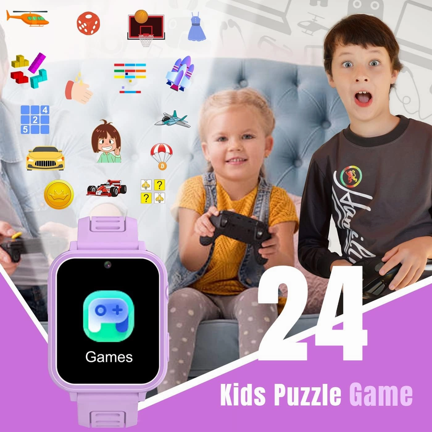 Kids Smart Watches Girls with HD Touch Screen Camera Music Player 24 Puzzle Games Pedometer Alarm Clock Calculator Torch, 12/24 hr Kids Watches Toys for Age 3-12 Year Olds Gifts Girls