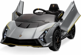 Kidzone 12v Ride On Car, Licensed Lamborghini Autentica Limited Edition Electric Vehicle Toy for Kids & Toddler, Battery Powered Sports Car w/2 Speed, 4 Motors, Parent Control, Spring Suspension -Gray
