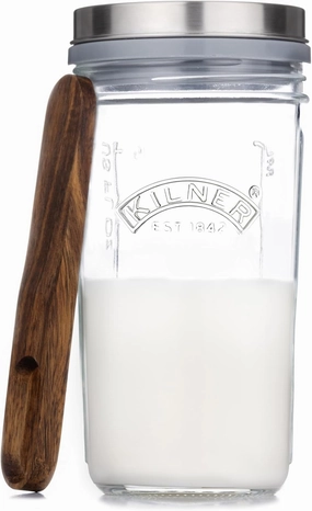 Kilner Kefir Set 0.5Litre Wide Mouth Jar with Silicone Strainer Cap Beech Wood Measuring Spoon & Stainless Steel Lid, Make Probiotic Drinks