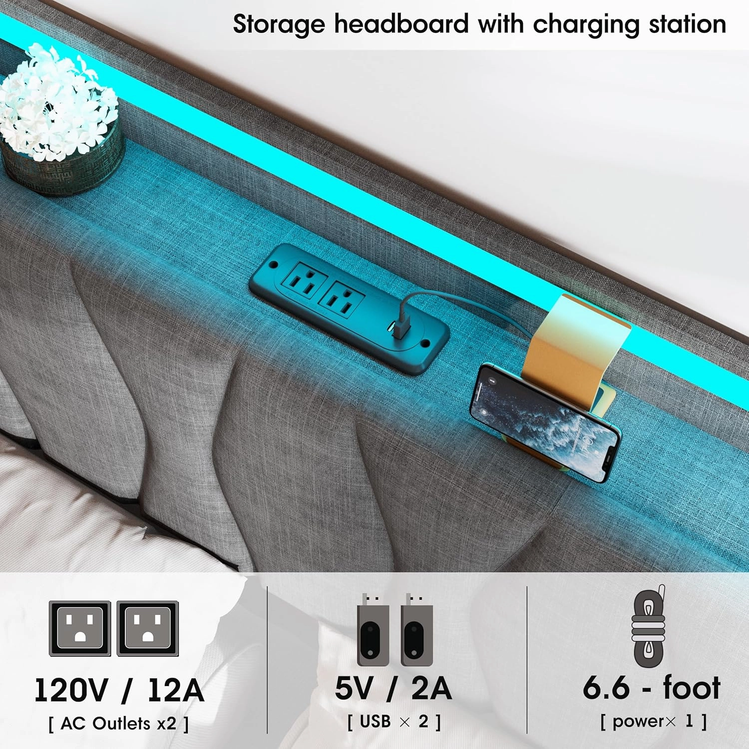 King Size Lift Up Storage Bed Frame, Height Adjustable Storage Headboard with Charging Station, LED Lights Upholstered Platform Bed, Wooden Slat, No Box Spring Needed, Noise-Free, Dark Grey