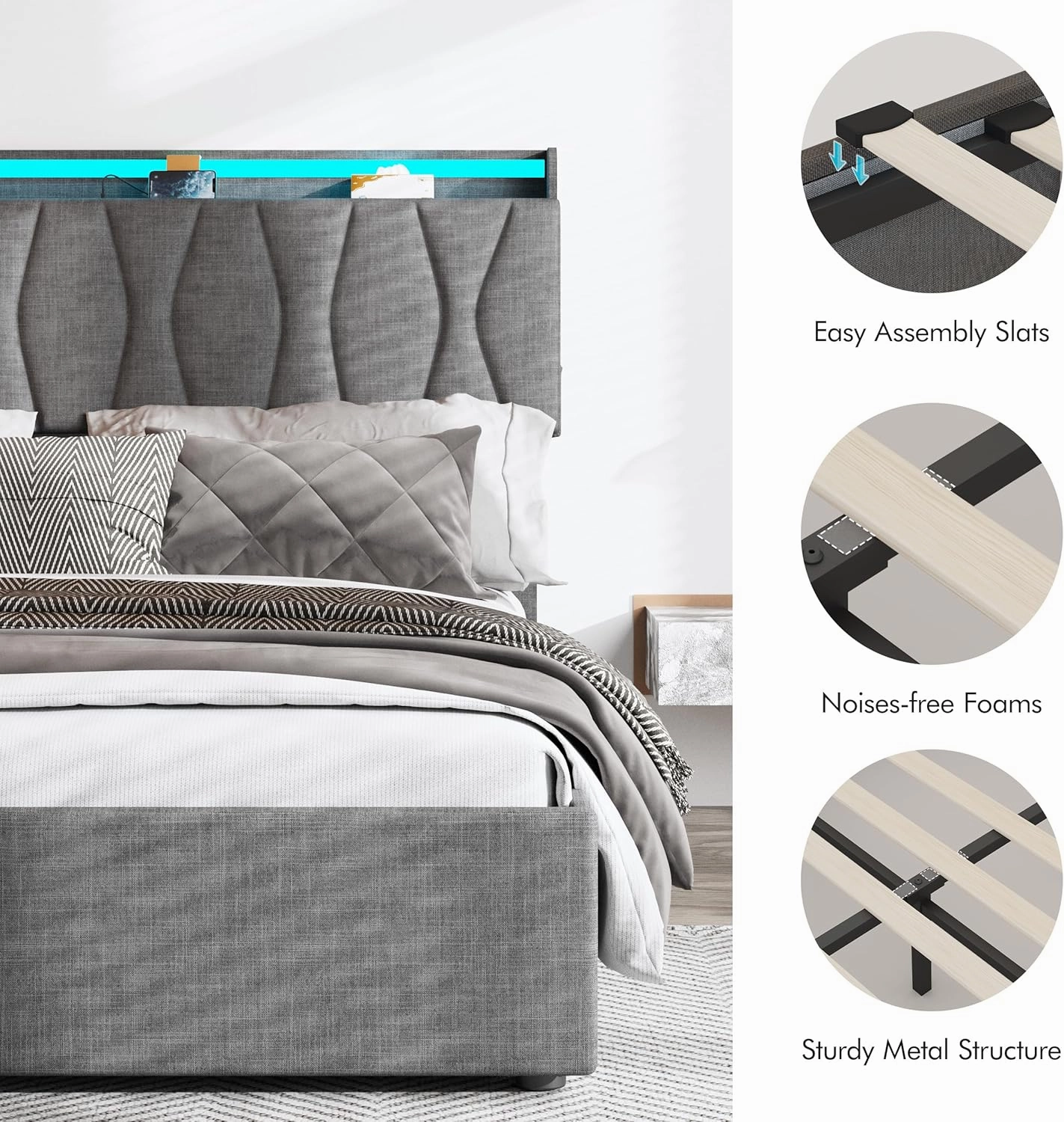 King Size Lift Up Storage Bed Frame, Height Adjustable Storage Headboard with Charging Station, LED Lights Upholstered Platform Bed, Wooden Slat, No Box Spring Needed, Noise-Free, Dark Grey