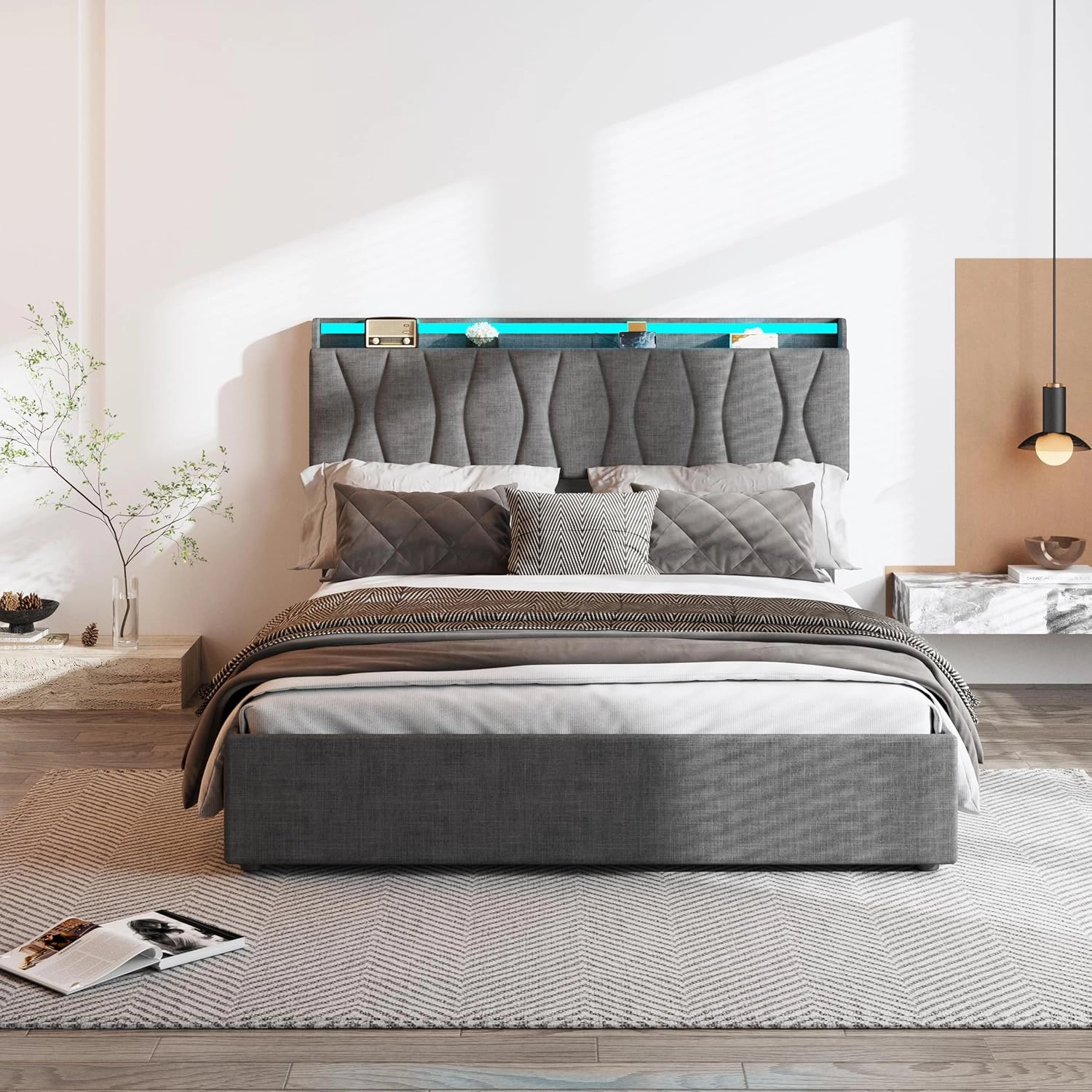 King Size Lift Up Storage Bed Frame, Height Adjustable Storage Headboard with Charging Station, LED Lights Upholstered Platform Bed, Wooden Slat, No Box Spring Needed, Noise-Free, Dark Grey