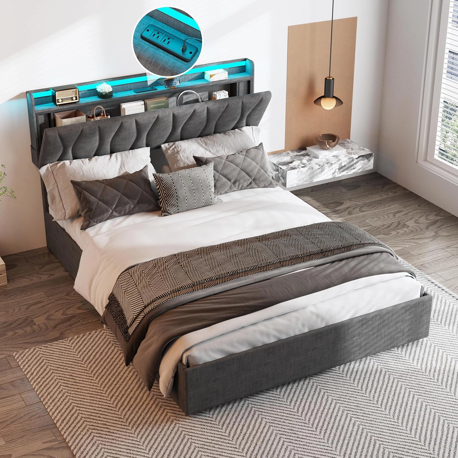 King Size Lift Up Storage Bed Frame, Height Adjustable Storage Headboard with Charging Station, LED Lights Upholstered Platform Bed, Wooden Slat, No Box Spring Needed, Noise-Free, Dark Grey
