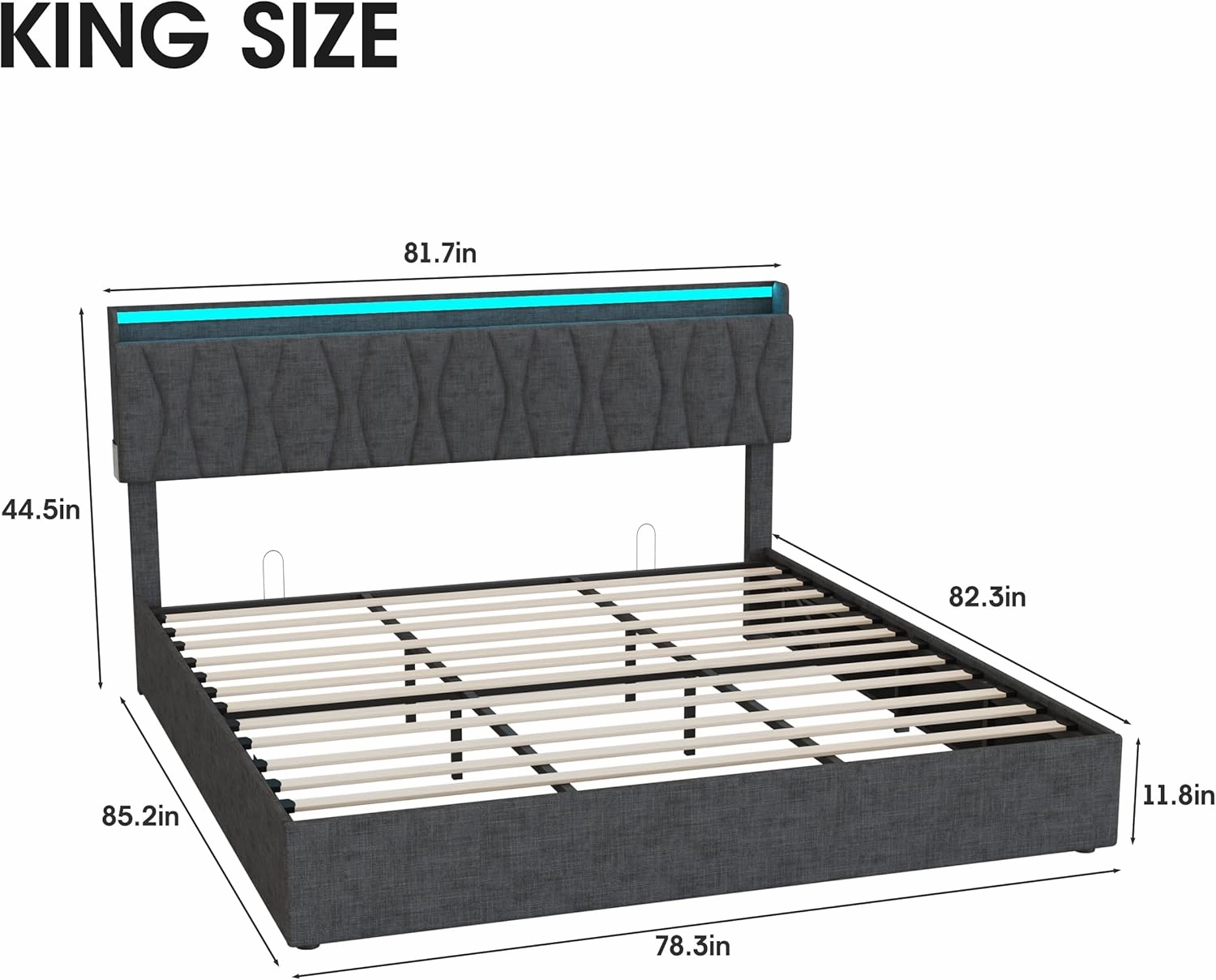 King Size Lift Up Storage Bed Frame, Height Adjustable Storage Headboard with Charging Station, LED Lights Upholstered Platform Bed, Wooden Slat, No Box Spring Needed, Noise-Free, Dark Grey