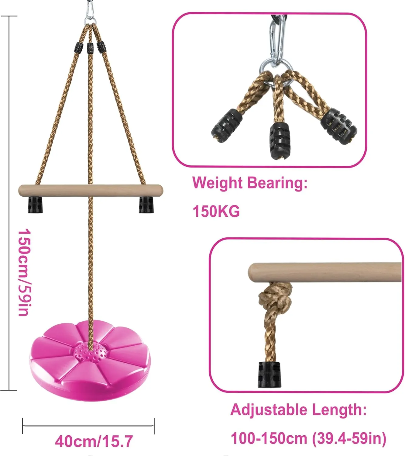 KINSPORY Disc Swing for Kids, Swing Set Accessories, 7FT Height Adjustable Gym Monkey Bars, Hanging Tree Seat for Backyard, Outdoor Play Equipment (Rose Pink)