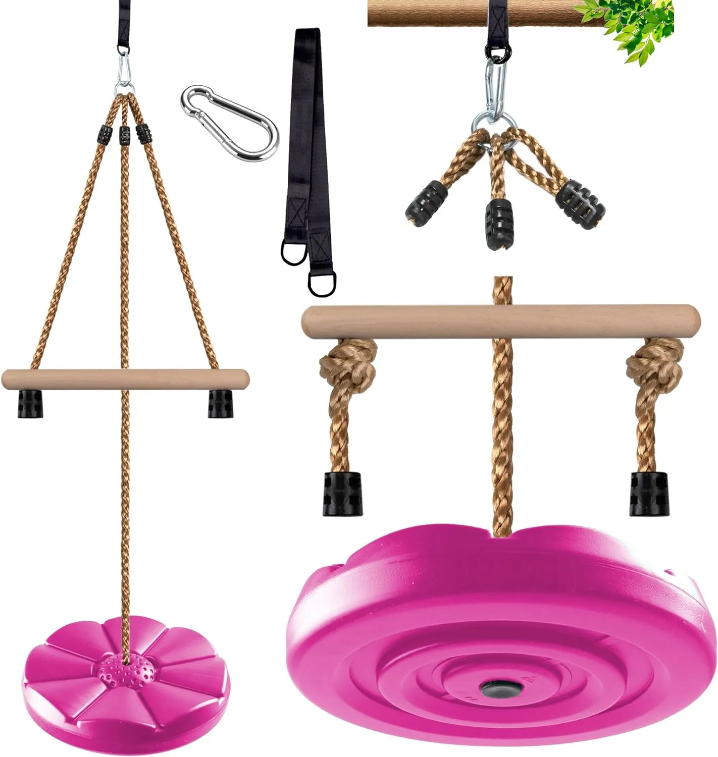 KINSPORY Disc Swing for Kids, Swing Set Accessories, 7FT Height Adjustable Gym Monkey Bars, Hanging Tree Seat for Backyard, Outdoor Play Equipment (Rose Pink)