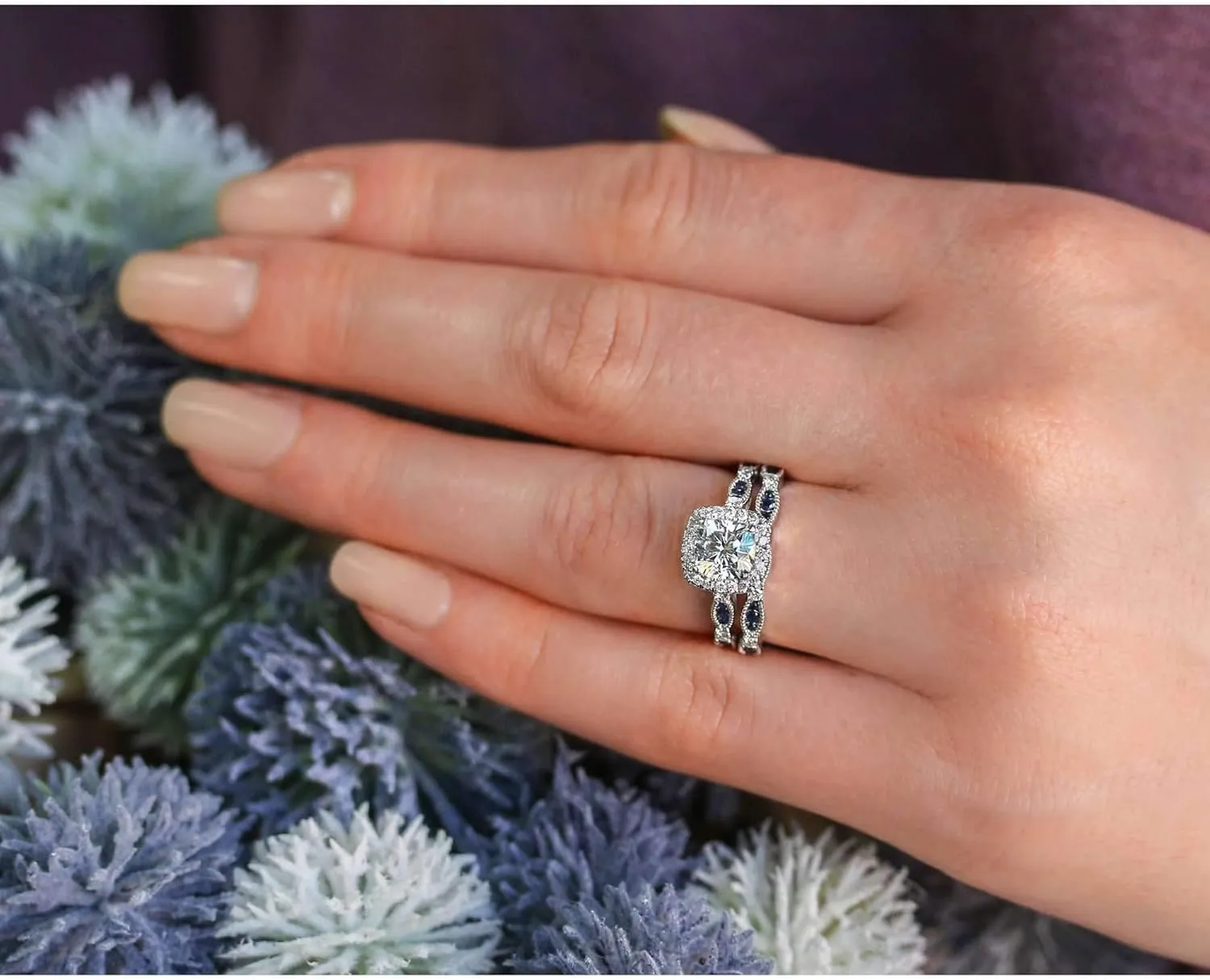 Kobelli Round Moissanite and Blue Sapphire Bridal Set (HI/VS)