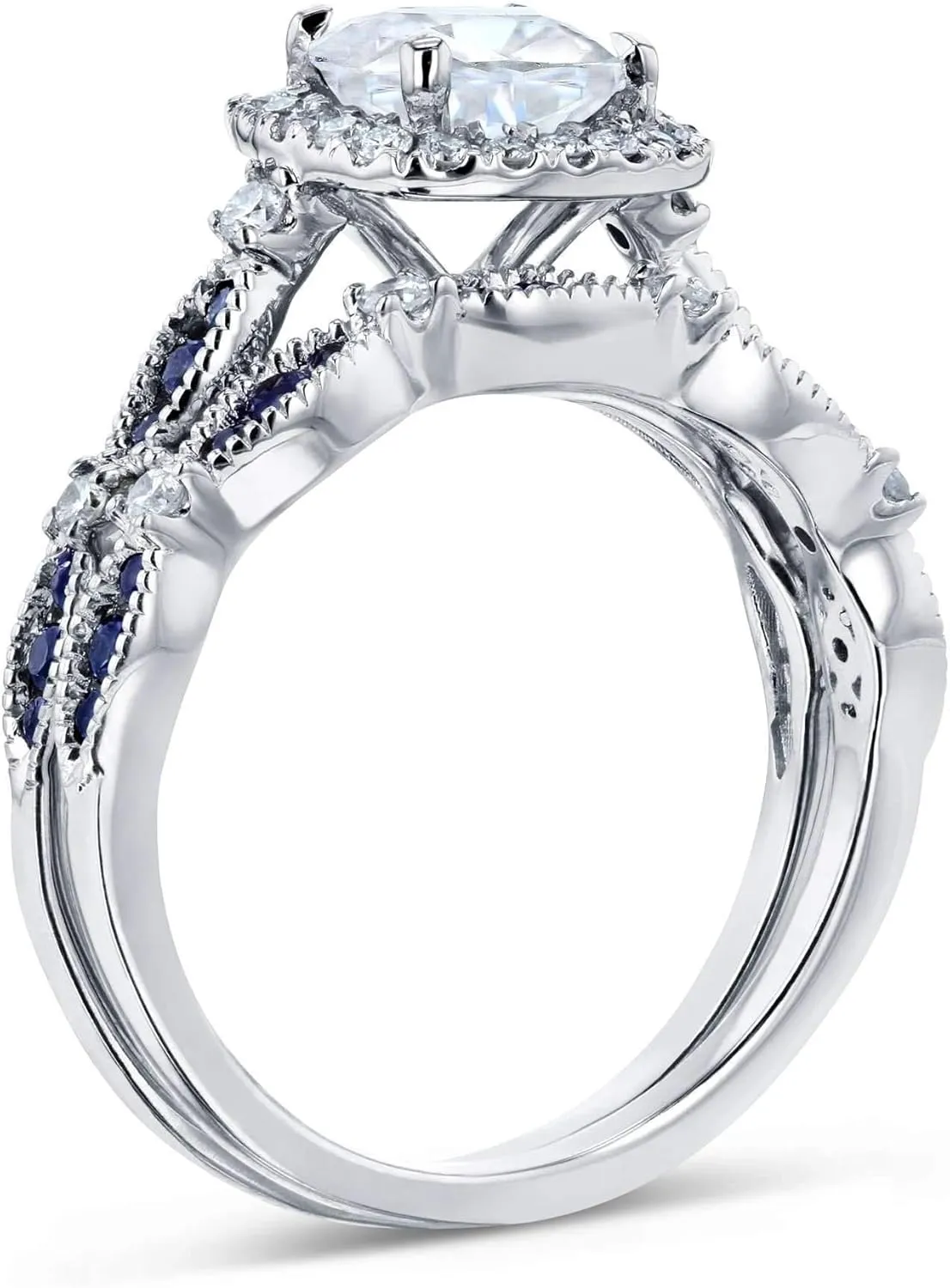 Kobelli Round Moissanite and Blue Sapphire Bridal Set (HI/VS)