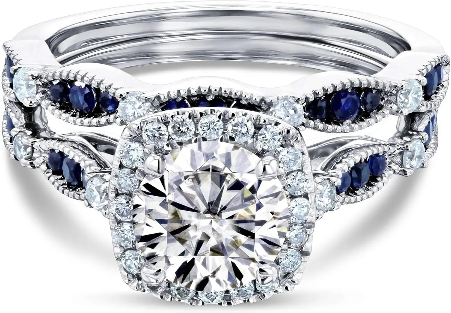 Kobelli Round Moissanite and Blue Sapphire Bridal Set (HI/VS)