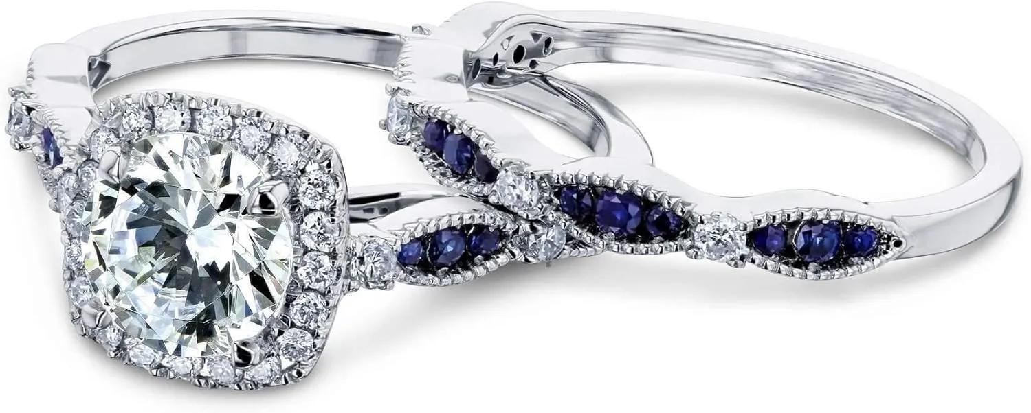 Kobelli Round Moissanite and Blue Sapphire Bridal Set (HI/VS)