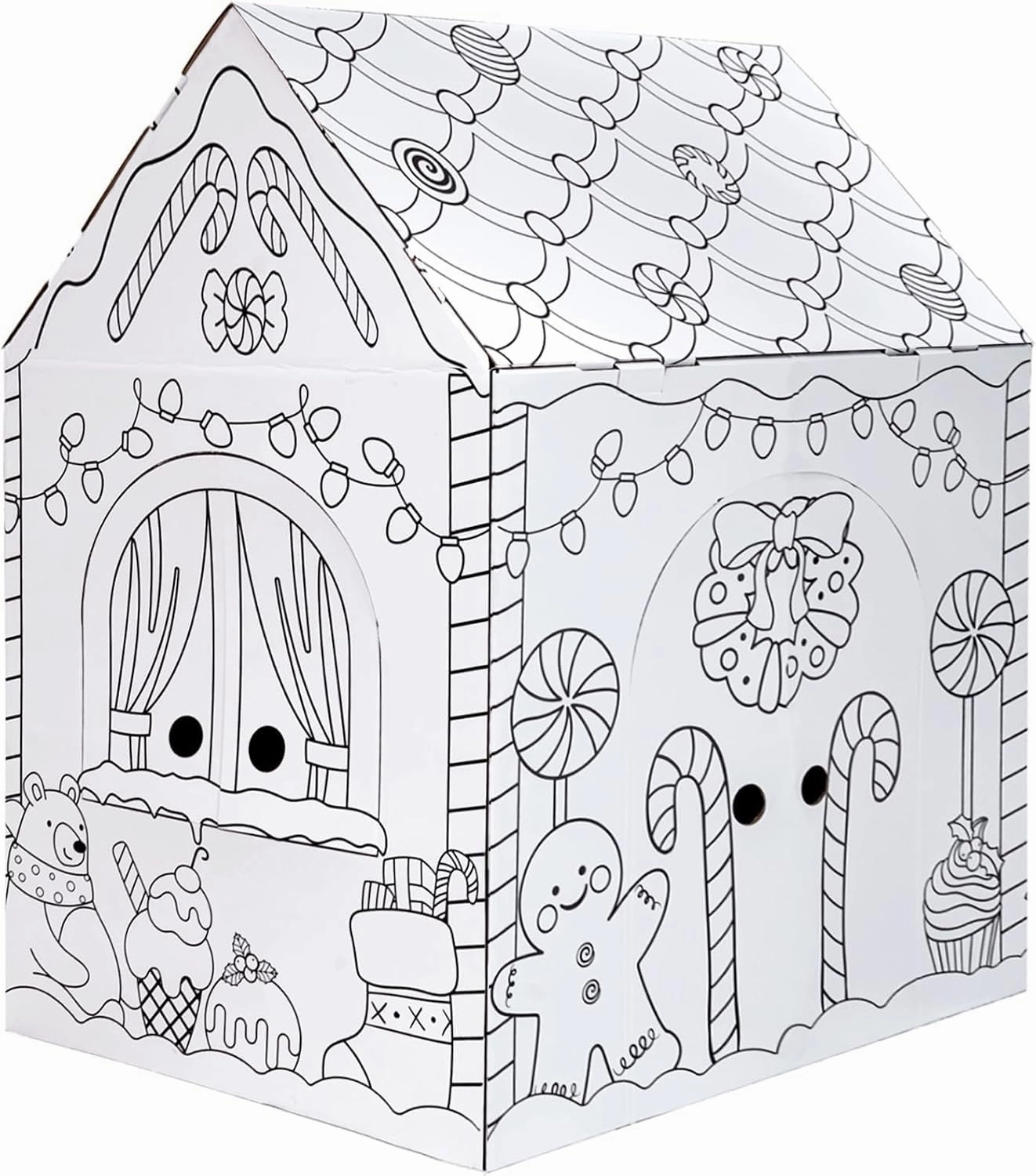 kockuu Color Your Own Cardboard Gingerbread House, Large Christmas Cardboard Playhouse for Kids Toddlers Christmas Arts & Crafts Activity Indoor Fun, 40" x 32" x 26"
