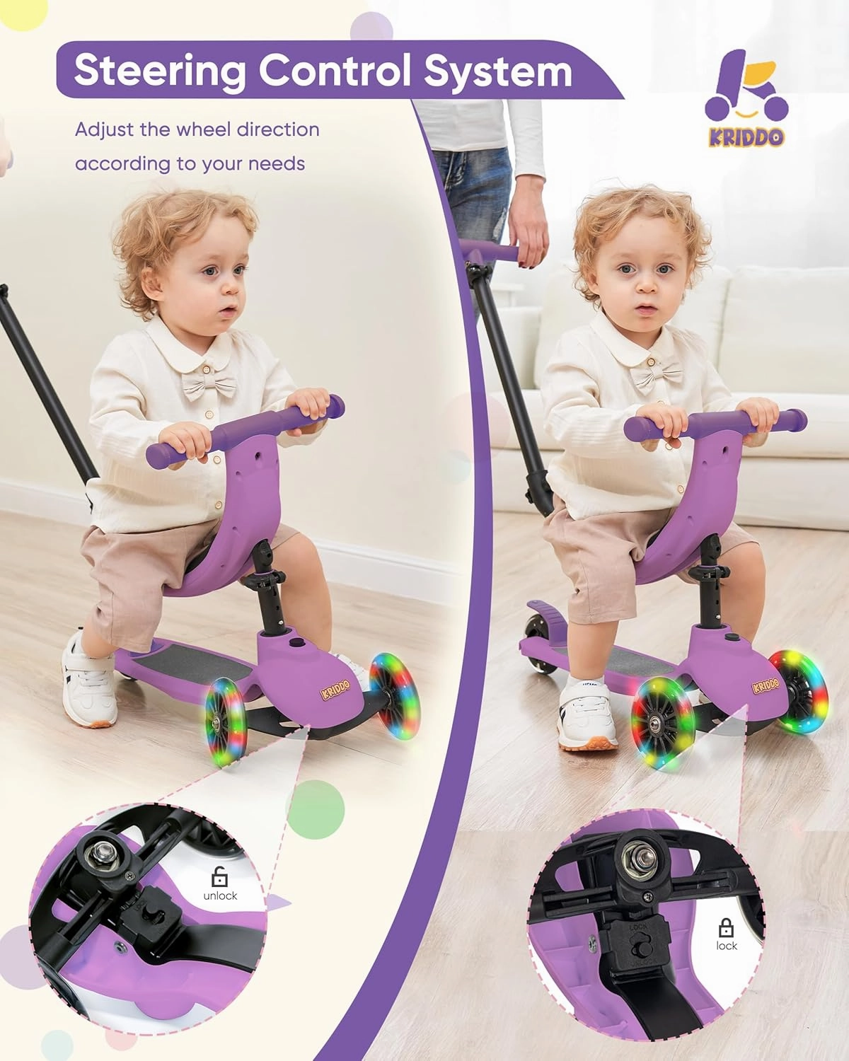 KRIDDO 3-in-1 Scooter for Kids Ages 1-5 Years Old, Folding Scooter with 3 Lighted Wheels, Wide Standing Board, Adjustable Height, Learn-to-Steer Handlebar, for Indoor and Outdoor
