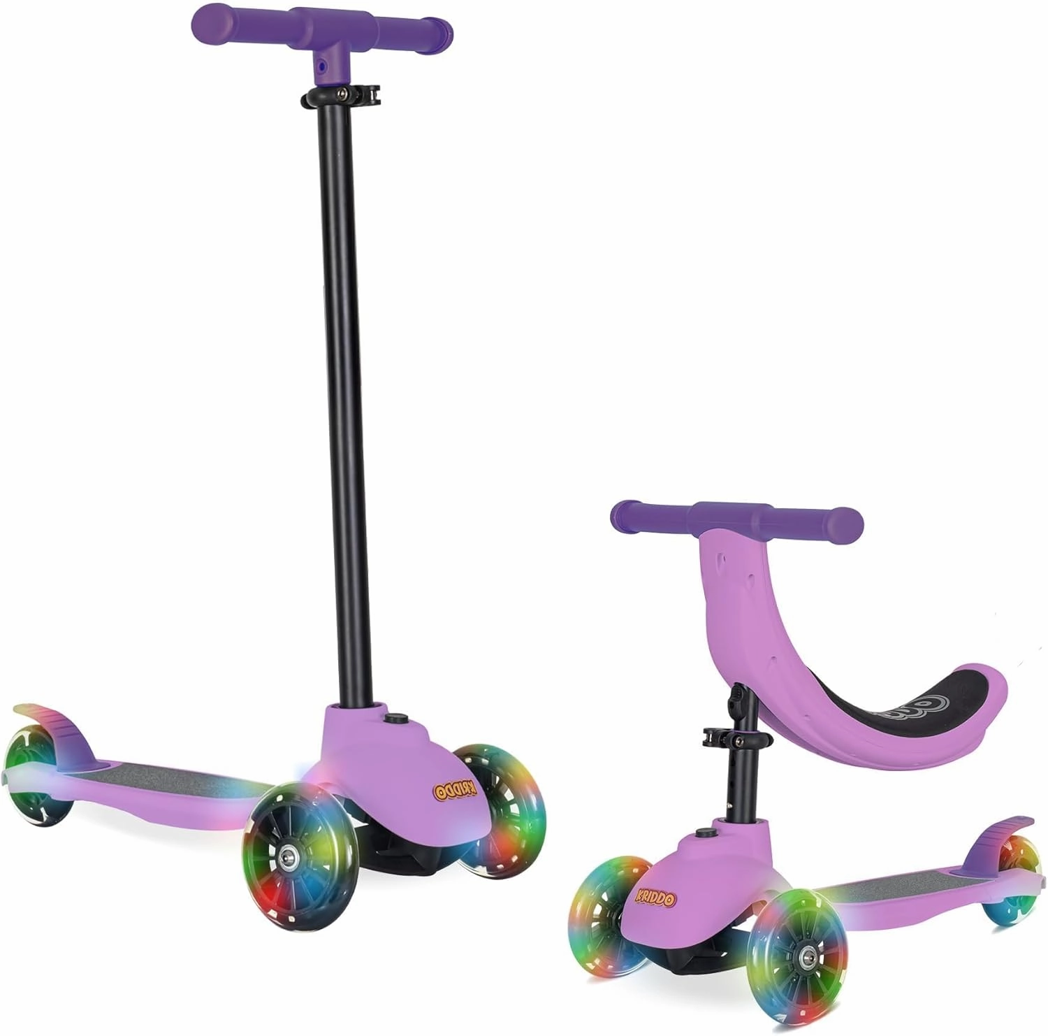 KRIDDO 3-in-1 Scooter for Kids Ages 1-5 Years Old, Folding Scooter with 3 Lighted Wheels, Wide Standing Board, Adjustable Height, Learn-to-Steer Handlebar, for Indoor and Outdoor