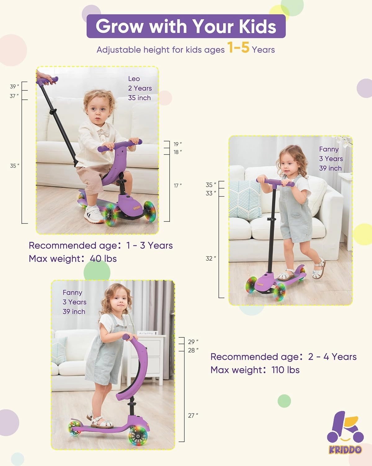 KRIDDO 3-in-1 Scooter for Kids Ages 1-5 Years Old, Folding Scooter with 3 Lighted Wheels, Wide Standing Board, Adjustable Height, Learn-to-Steer Handlebar, for Indoor and Outdoor