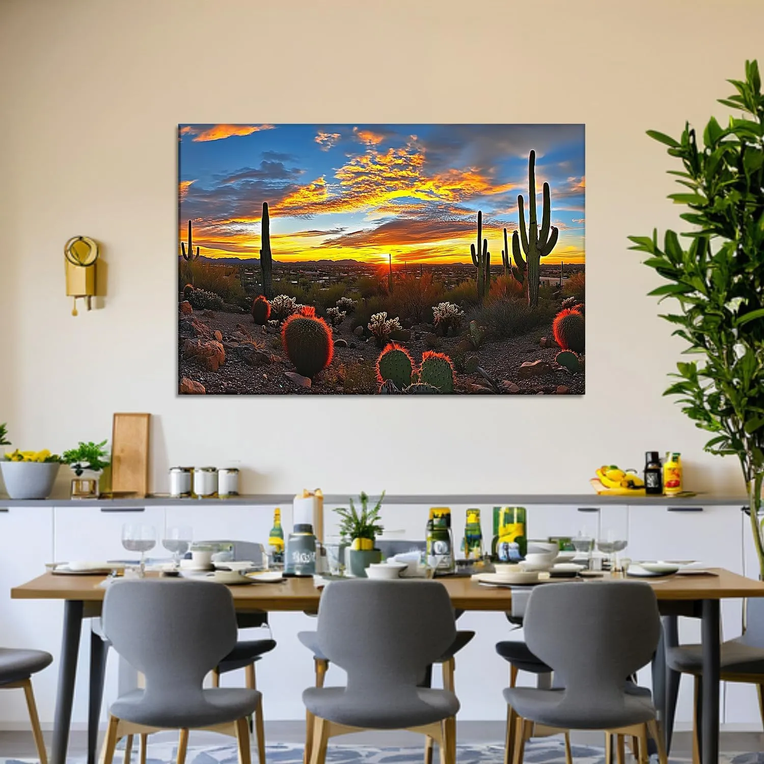Landscape Canvas Wall Art Cactus Plant Picture Nature Scenery Painting Sonoran Desert Sunset Prints Living Room Bathroom Bedroom Home Office Decor Framed(Nature-10,12.00"x18.00")