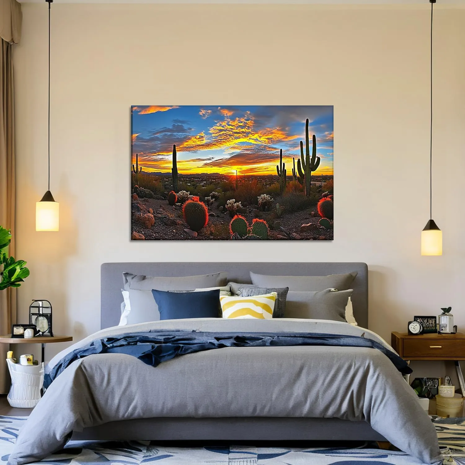 Landscape Canvas Wall Art Cactus Plant Picture Nature Scenery Painting Sonoran Desert Sunset Prints Living Room Bathroom Bedroom Home Office Decor Framed(Nature-10,12.00"x18.00")