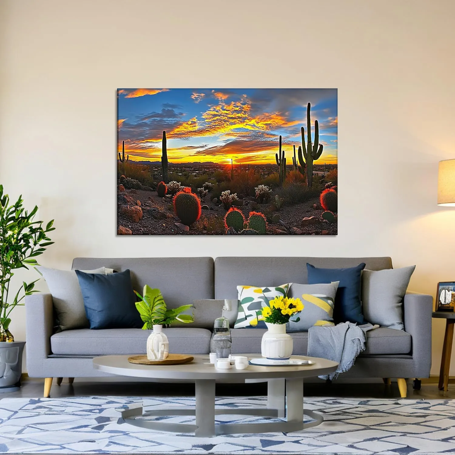 Landscape Canvas Wall Art Cactus Plant Picture Nature Scenery Painting Sonoran Desert Sunset Prints Living Room Bathroom Bedroom Home Office Decor Framed(Nature-10,12.00"x18.00")