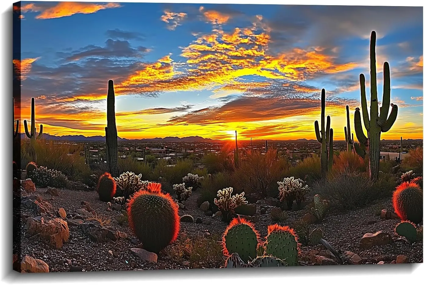 Landscape Canvas Wall Art Cactus Plant Picture Nature Scenery Painting Sonoran Desert Sunset Prints Living Room Bathroom Bedroom Home Office Decor Framed(Nature-10,12.00"x18.00")