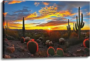 Landscape Canvas Wall Art Cactus Plant Picture Nature Scenery Painting Sonoran Desert Sunset Prints Living Room Bathroom Bedroom Home Office Decor Framed(Nature-10,12.00"x18.00")