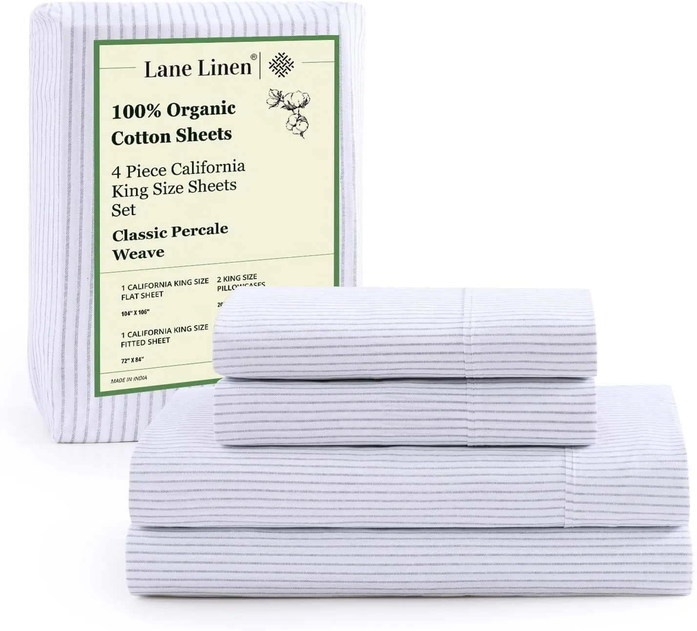 LANE LINEN 100% Organic Cotton Printed California King Sheets Set, 4-Piece All Season Fully Elasticized Deep Pocket Fits Mattress Upto 15", Mercerized Printed Cal King Sheet Set -Ticking Stripe Blue