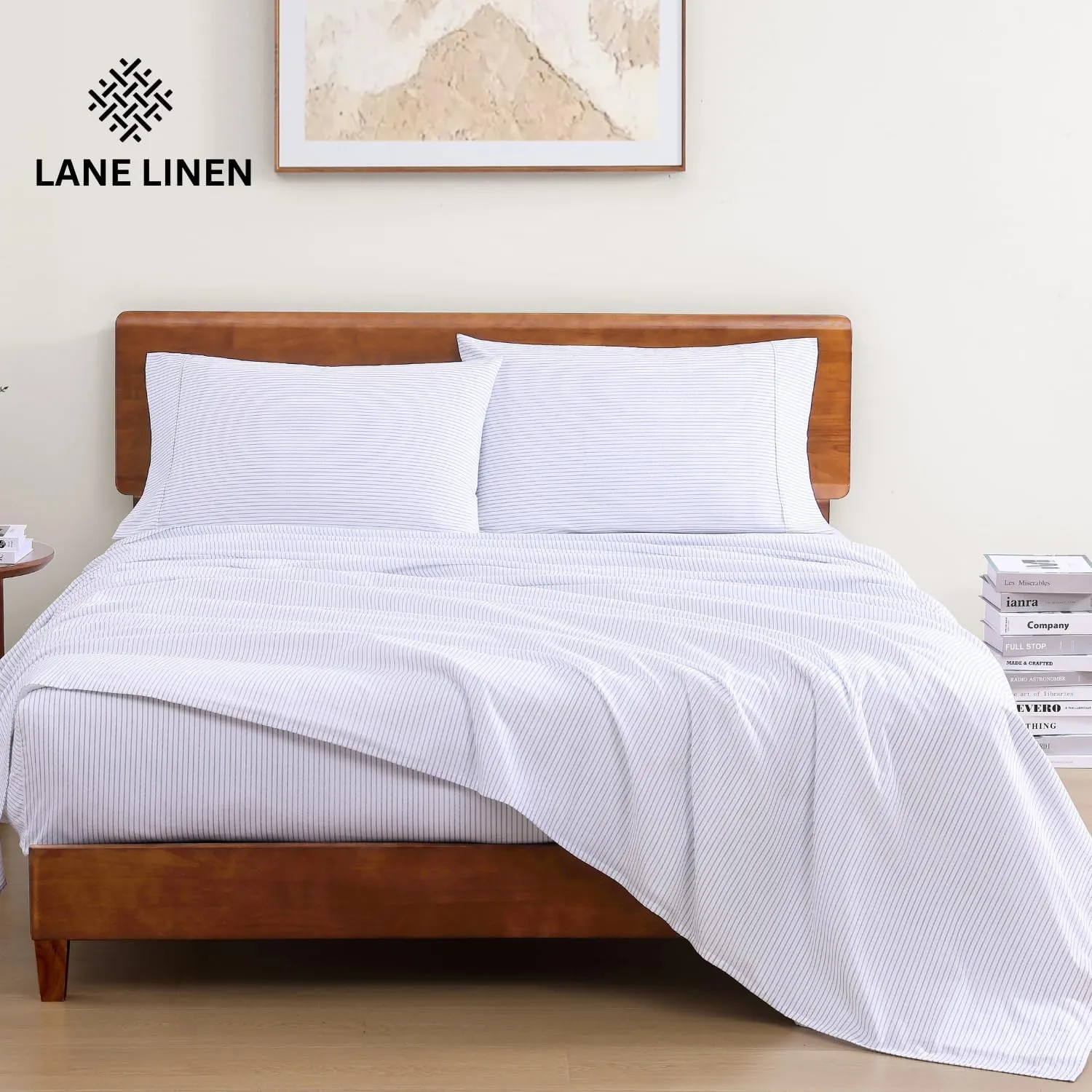 LANE LINEN 100% Organic Cotton Printed California King Sheets Set, 4-Piece All Season Fully Elasticized Deep Pocket Fits Mattress Upto 15", Mercerized Printed Cal King Sheet Set -Ticking Stripe Blue