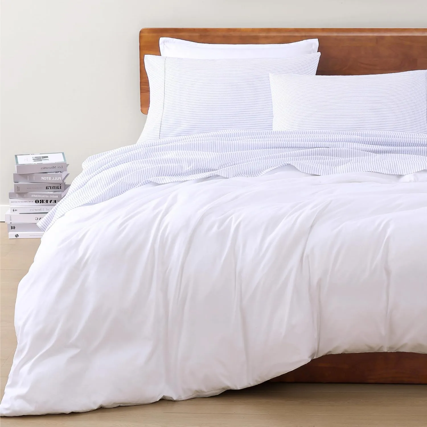 LANE LINEN 100% Organic Cotton Printed California King Sheets Set, 4-Piece All Season Fully Elasticized Deep Pocket Fits Mattress Upto 15", Mercerized Printed Cal King Sheet Set -Ticking Stripe Blue