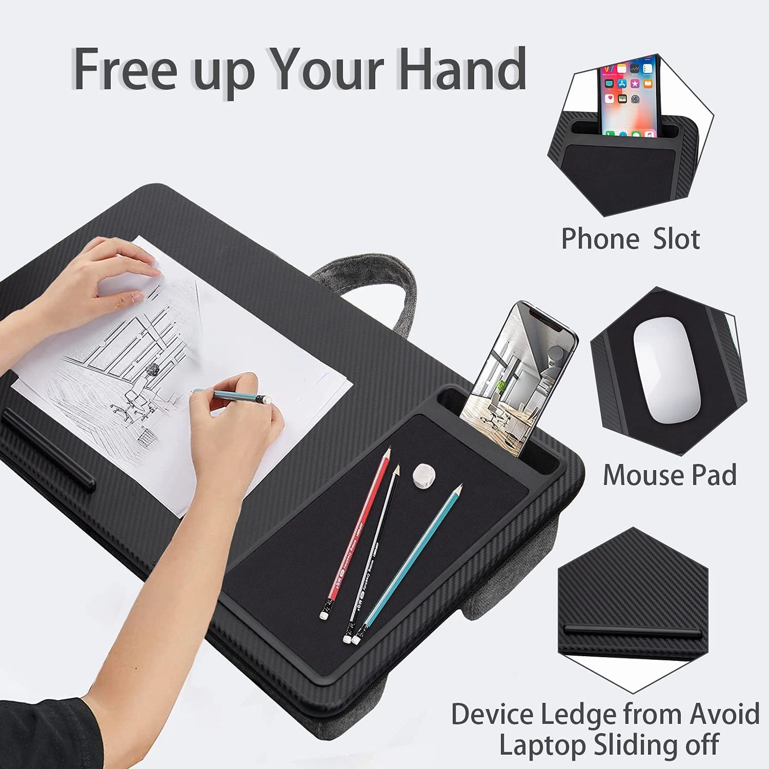 Laptop Desk With Device Ledge, Mouse Pad And Phone Holder (Black, 40Cm)