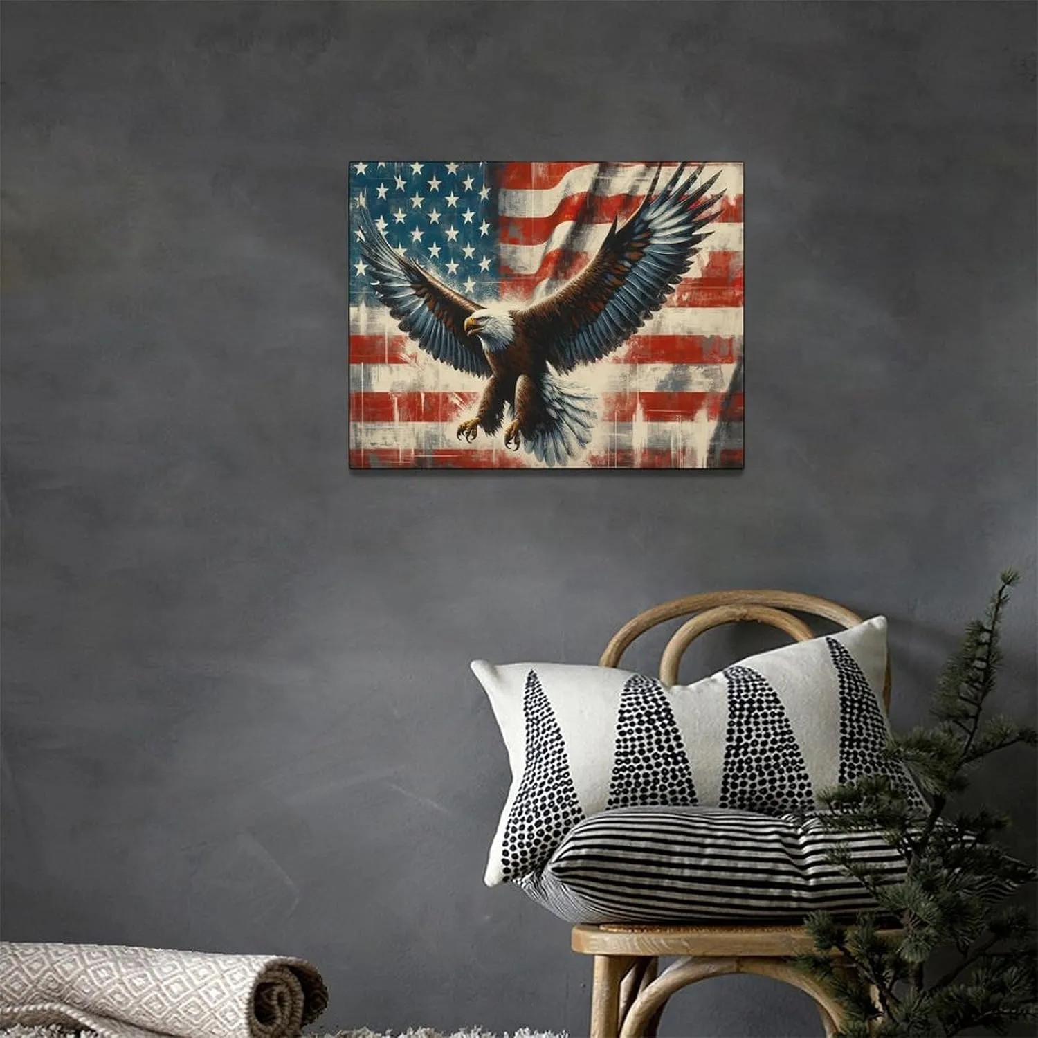 Large Bald Eagle Wall Art American Flag and Eagle Pictures Wall Decor Patriotic Motivational Bedroom Sign Canvas Painting Prints Modern Home Decoration Artworks Framed for Living Room Office 16"x12"
