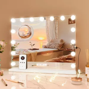 Large Vanity Mirror with Lights, 32"x24" Smart Illuminated Makeup Mirror with Speaker Extra Large, 3 Color Lighting Modes & 3X Magnification, with 15 Dimmable LED Bulbs, Tabletop/Hanging