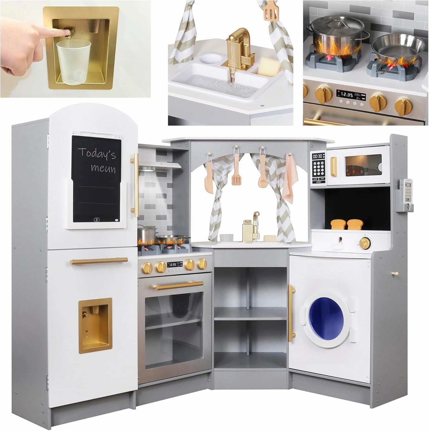 Large Wooden Corner Play Kitchen Sets with Ice Maker,Water Dispenser,Bread Maker,Washing Machine,Electronic Display,Toy Sink with Running Water,Stove with Light&Sounds, Birthday Gift for 3 