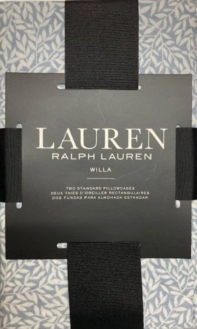 Lauren Ralph Lauren Willa Bedding Spencer Leaf Sateen Standard Pillowcase Set Cotton, Blue Chambray Cream