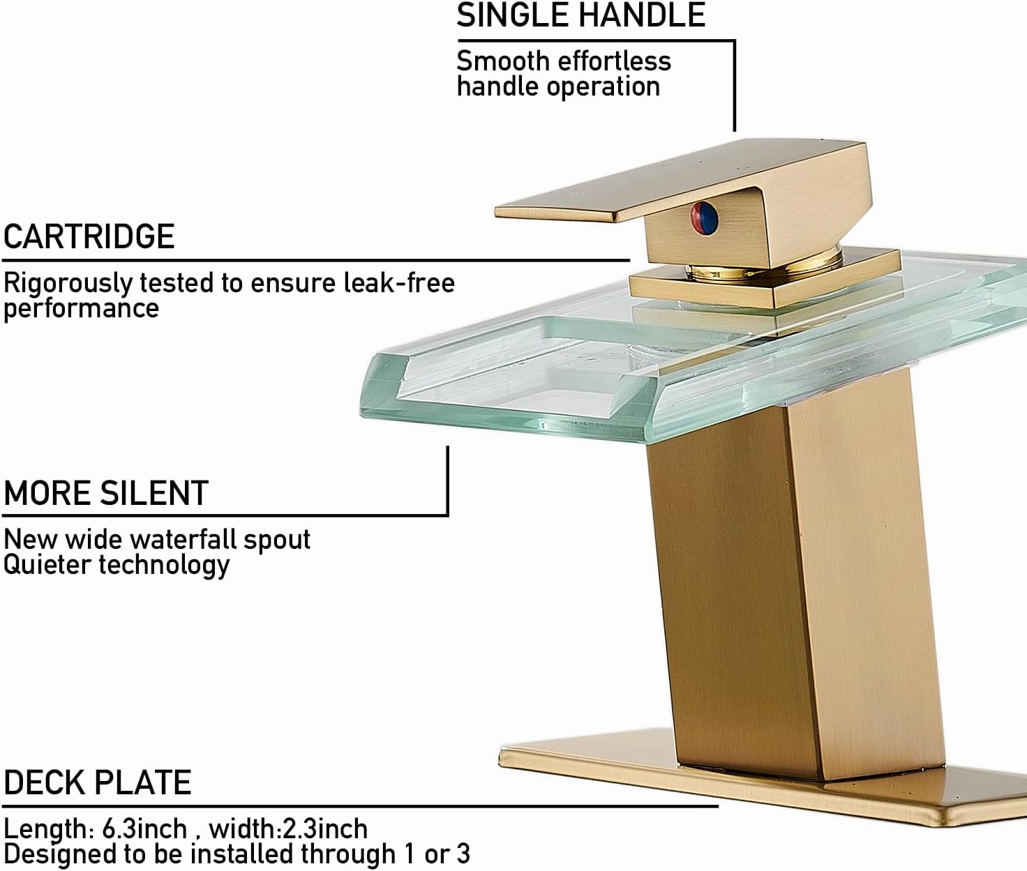 LED Bathroom Sink Faucet, Brushed Gold Waterfall Single Hole Handle Vanity Faucets for Sinks 1 Hole with Metal Pop Up Drain and 2 Water Supply Lines, Open Glass Spout