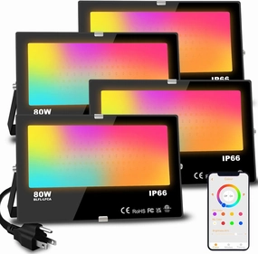 LED Flood Light Outdoor 800W Equivalent 8000LM Smart RGB Landscape Lighting with APP Control, DIY Scenes - Timing - Warm White 2700K - Color Changing Uplight, IP66 Waterproof US Plug MELPO(4Pack)
