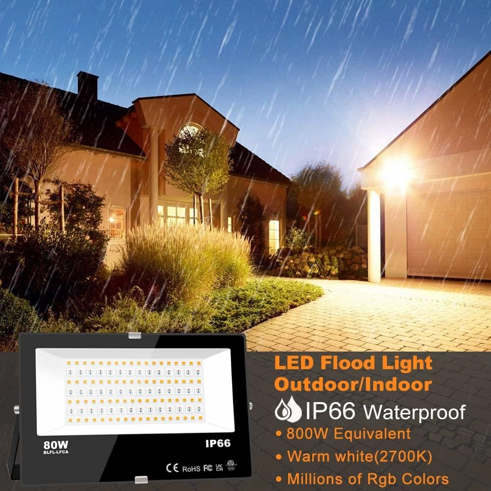 LED Flood Light Outdoor 800W Equivalent 8000LM Smart RGB Landscape Lighting with APP Control, DIY Scenes - Timing - Warm White 2700K - Color Changing Uplight, IP66 Waterproof US Plug MELPO(4Pack)
